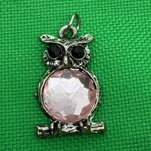 Owl Charm Pendant Pink Rhinestone Silver Tone Animal‎ Jewelry Black Onyx Eyes
